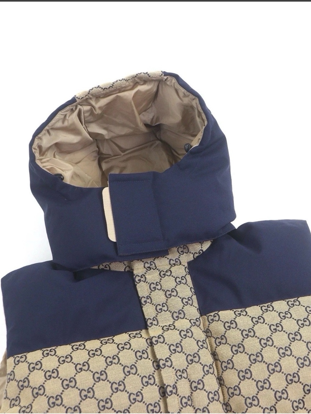 Gucci Navy and Beige GG Monogram Puffer Hooded Jacket